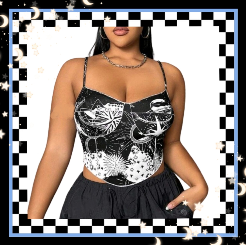 FESTI VIBES ☆ BLACK &WHITE ☆ SOLAR SYSTEM PRINT ☆ CAMI ☆ 20w ☆ NWT